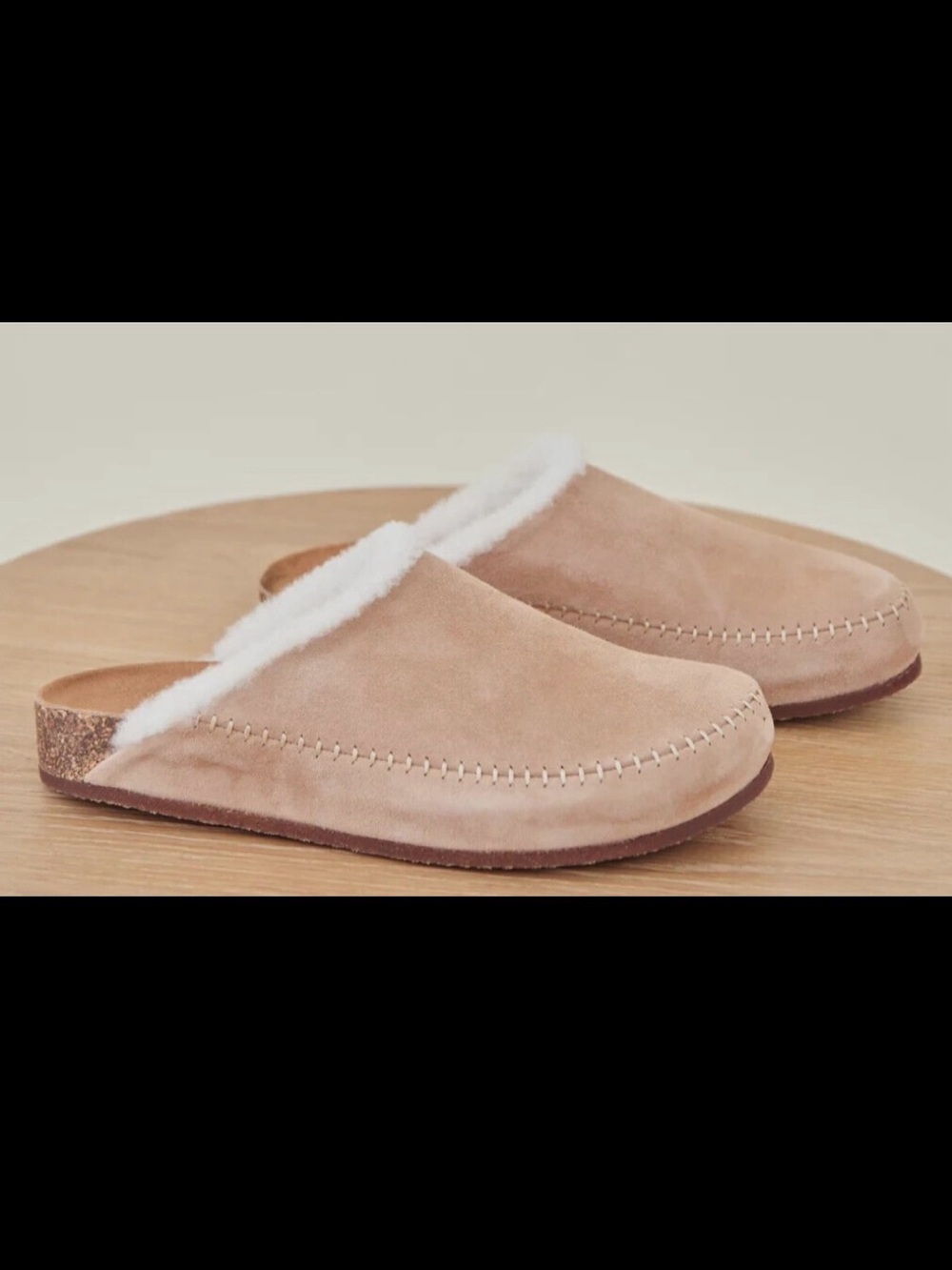 Jenni Kayne Beige Suede Shearling-Trim Mule Clogs